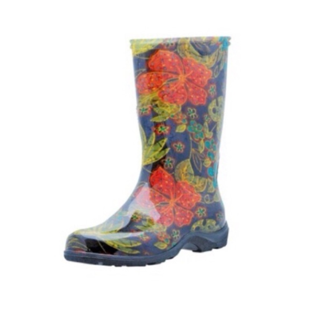 Sloggers Green & Black Floral Rubber Rain Boots Womens Size 6